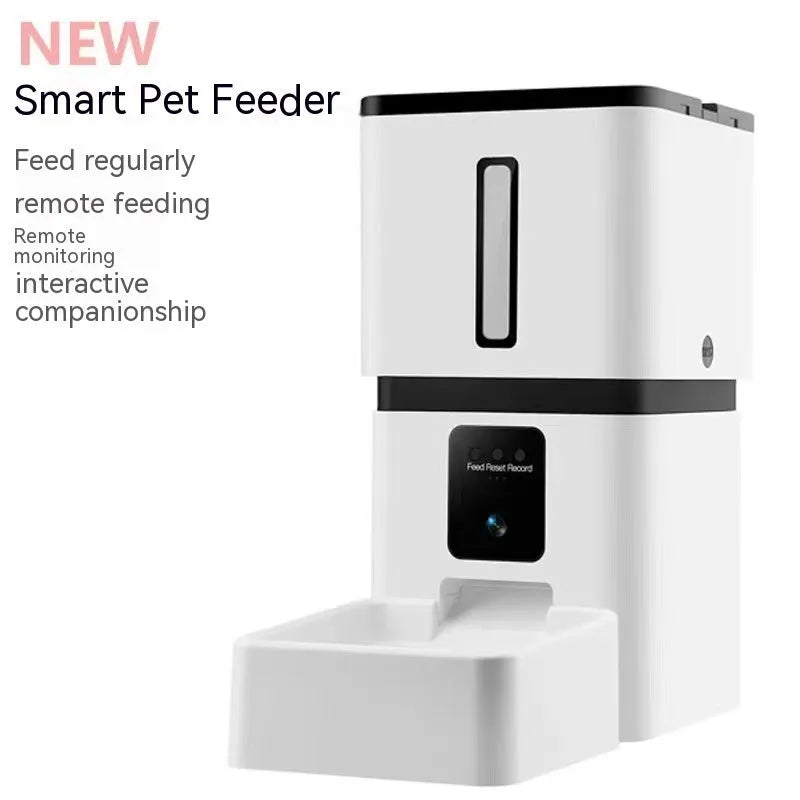 White smart pet feeder with 8L WiFi automatic timing for dogs and cats on a table