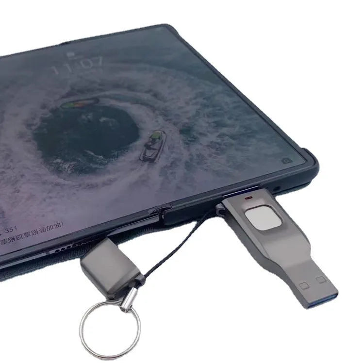 Black fingerprint USB flash drive with metal casing showing USB 3.0 and Type-C interfaces