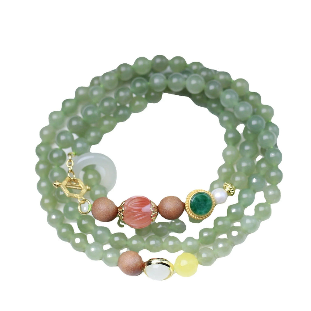 Natural Hetian jade hand-carved red lotus beads necklace and bracelet set with white sandalwood beeswax elements