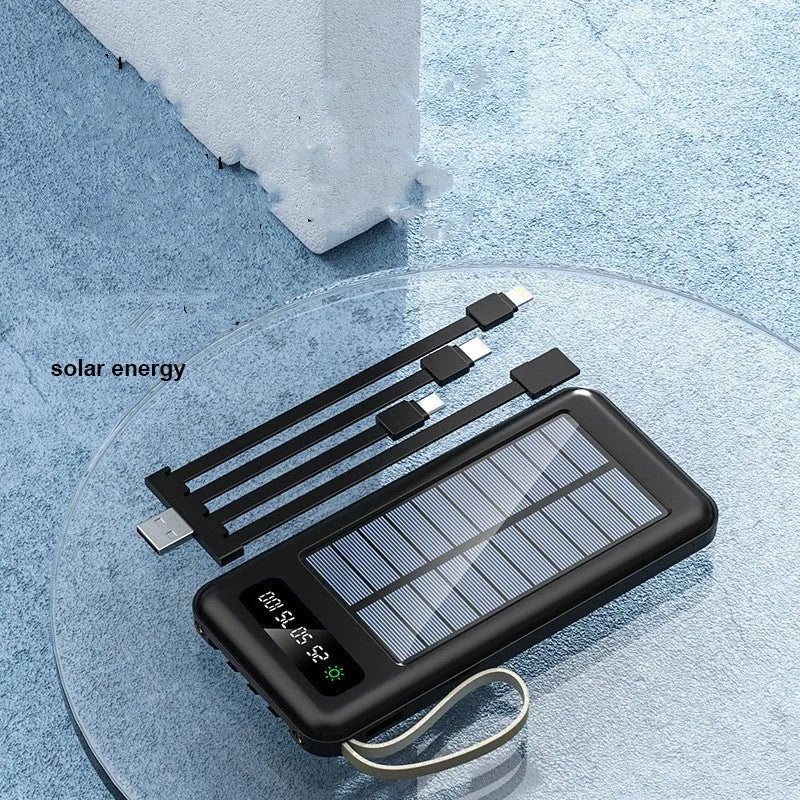 Black and white solar power bank showing front solar panel, dimensions 144mm x 68mm x 16mm, with included USB cable.