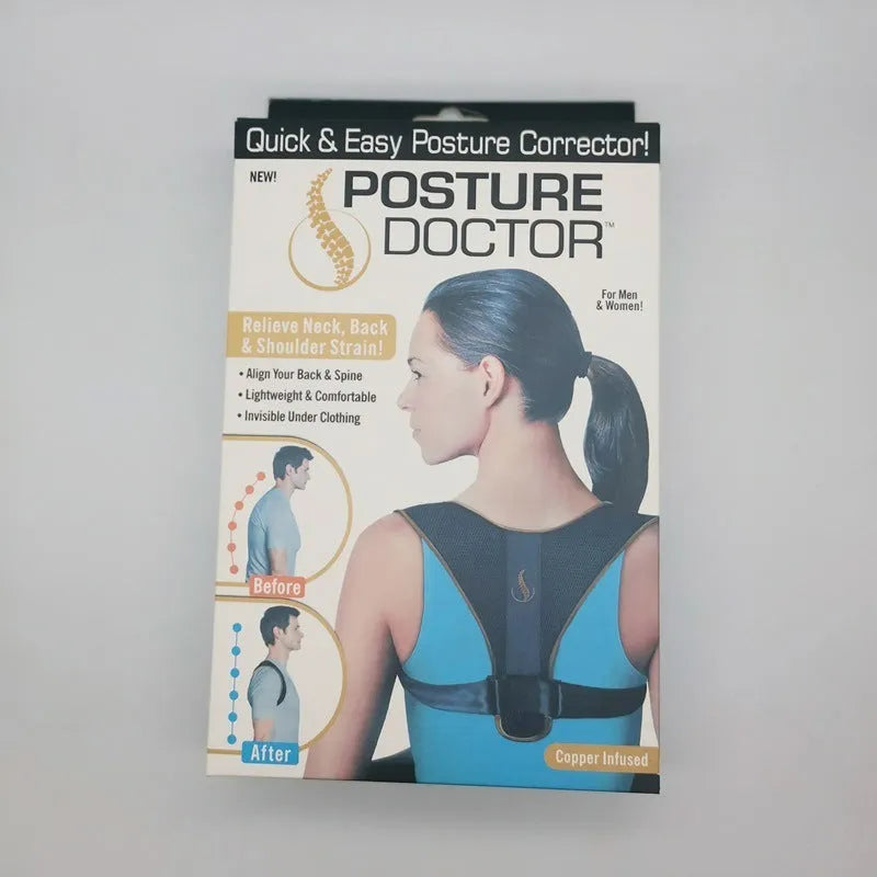Adjustable clavicular posture correction belt with shoulder straps on a colour box.
