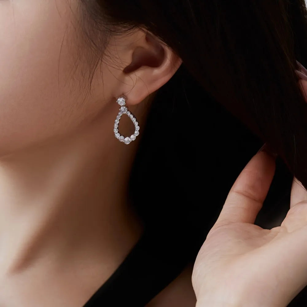 925 silver hollow zircon water drop earrings with platinum electroplate finish, 15 x 28.5mm