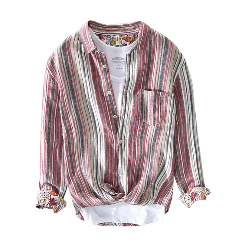 Men's grey striped linen shirt with long sleeves and loose fit casual design