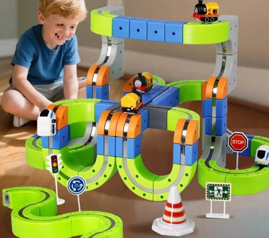Children's educational track cube building blocks set 55 piece Basic Edition with plastic and electronic components USB charging