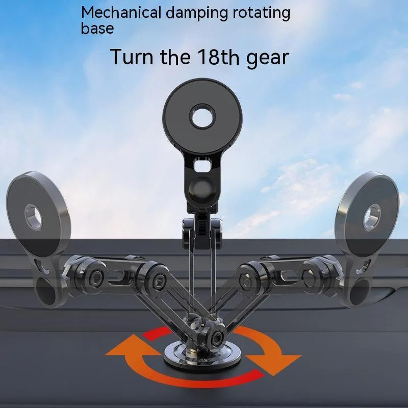 Black magnetic car phone holder mounted on dashboard with phone attached showing 360-degree rotation capability