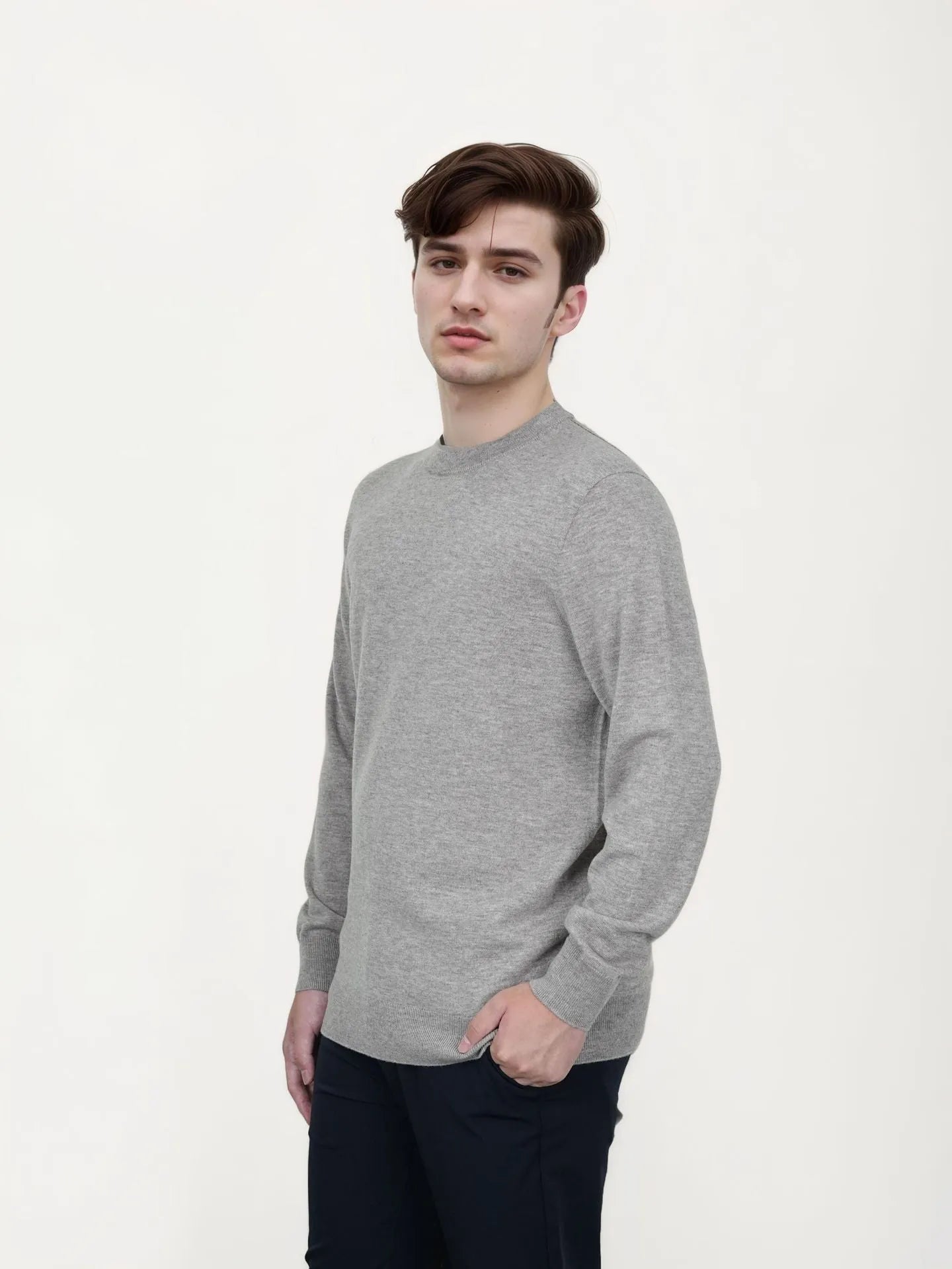 Men's regular-fit wool pullover sweater shown in light grey colour.