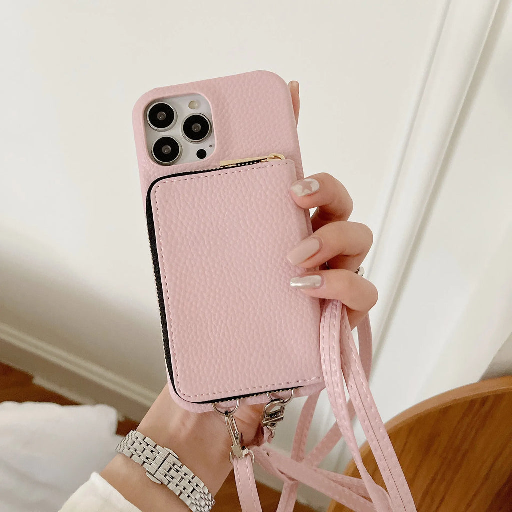 Leather phone case with lychee pattern, zipper card holder, and lanyard in black