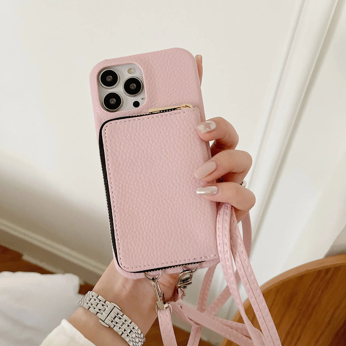 Leather phone case with lychee pattern, zipper card holder, and lanyard in black