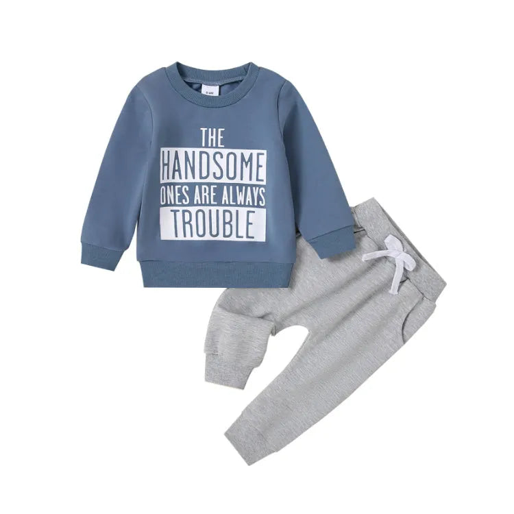 Baby knit cotton pullover sweater and trousers suit in navy blue for ages 0-3T