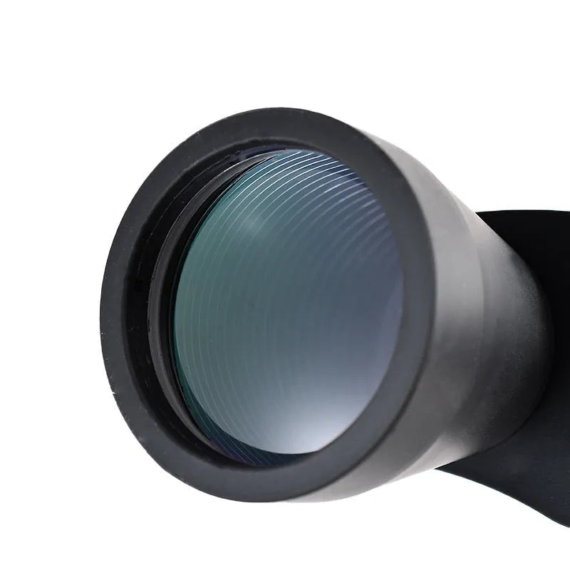 A set of black outdoor telescope binoculars with large objective lenses, shown with a continuous zoom ring on the central bridge.