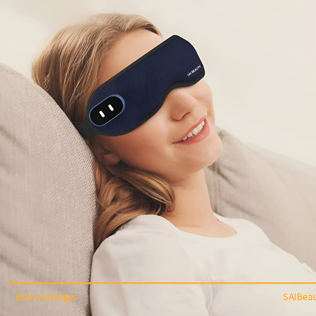 Lycra fabric sleep eye mask with steam and massage functions, shown with USB cable