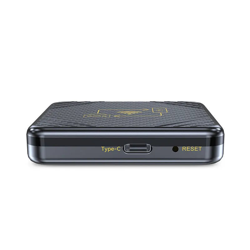 Wireless CarPlay and Android Auto smart box in gold or white ABS plastic housing with USB connector