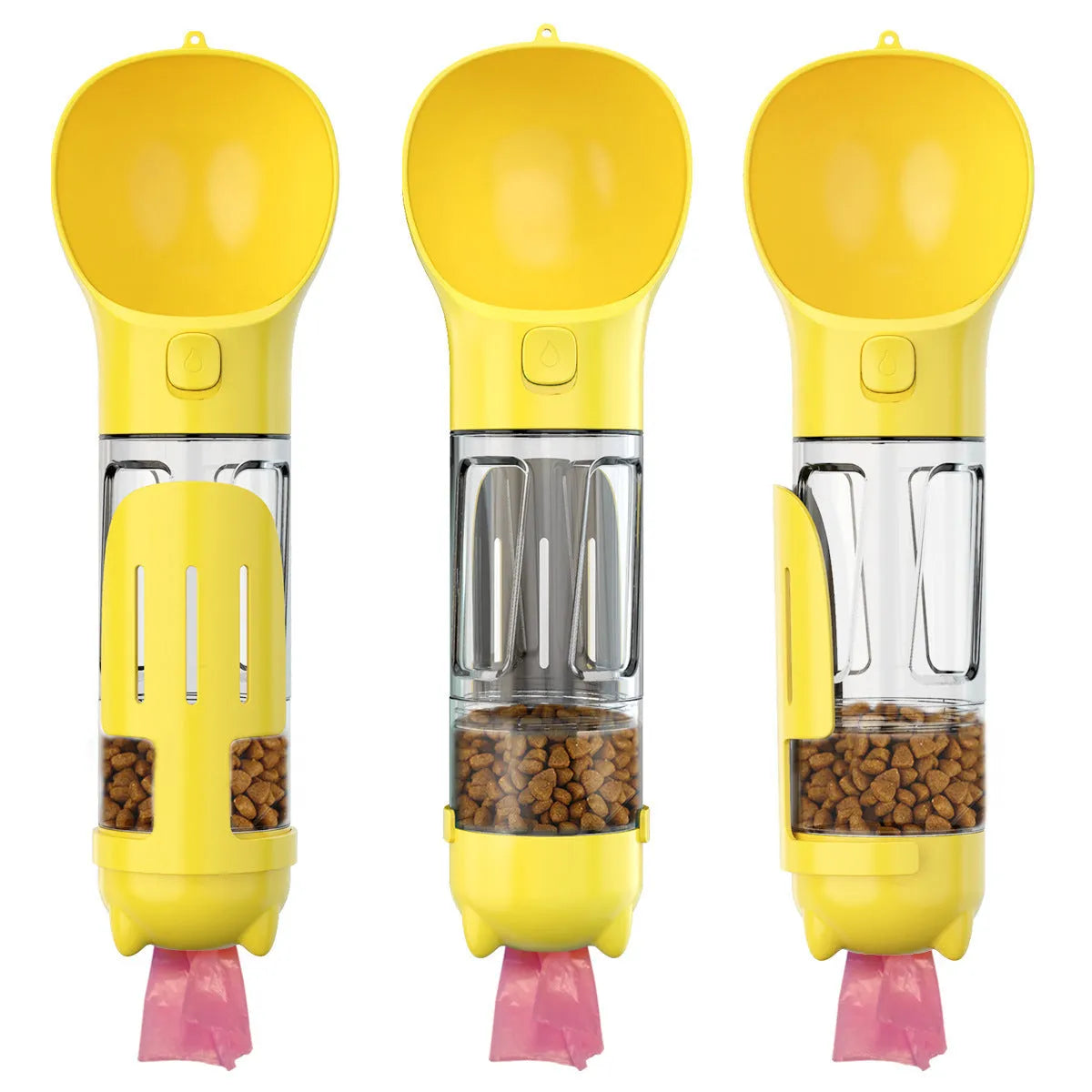 Portable 3-in-1 dog water bottle with poop dispenser and treat holder, 300ml capacity in aquamarine