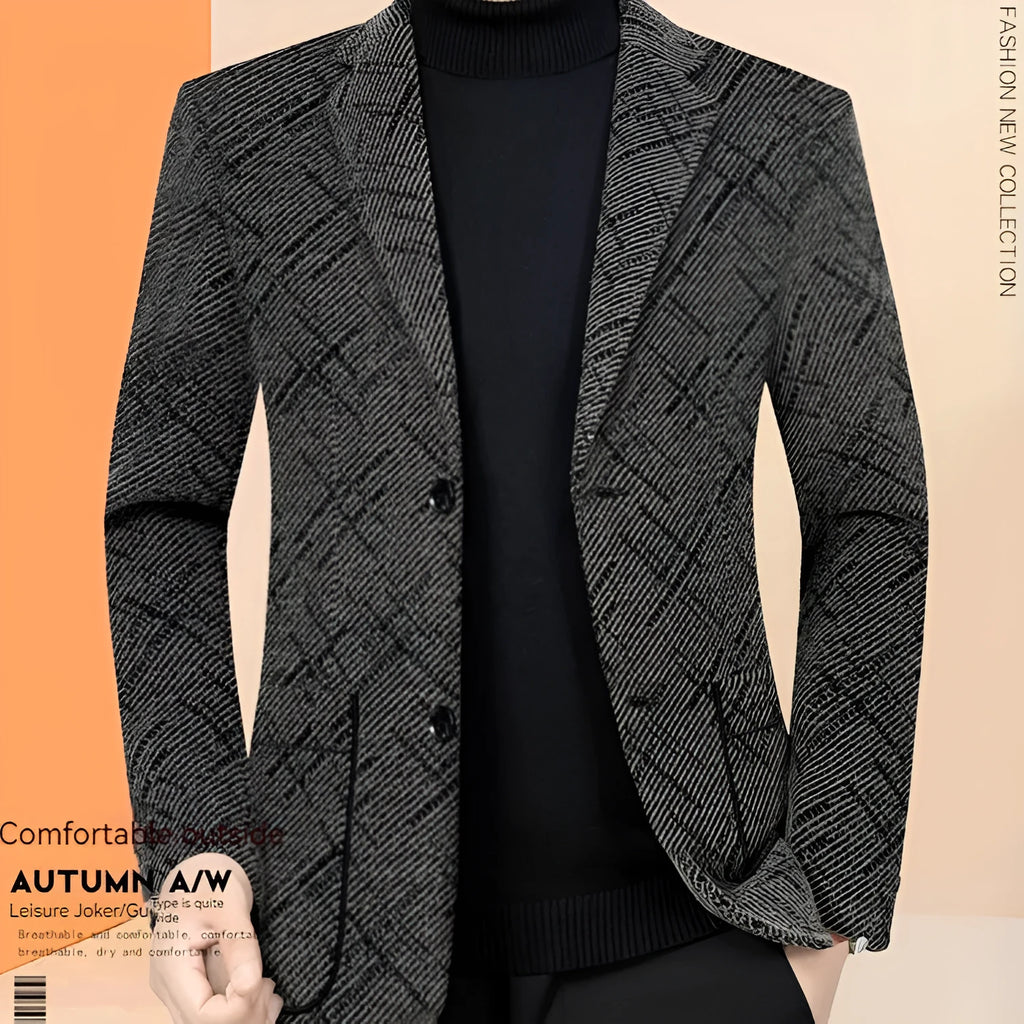 Men's slim-fit business casual coat in brown with stick pocket and long sleeves, polyester lining
