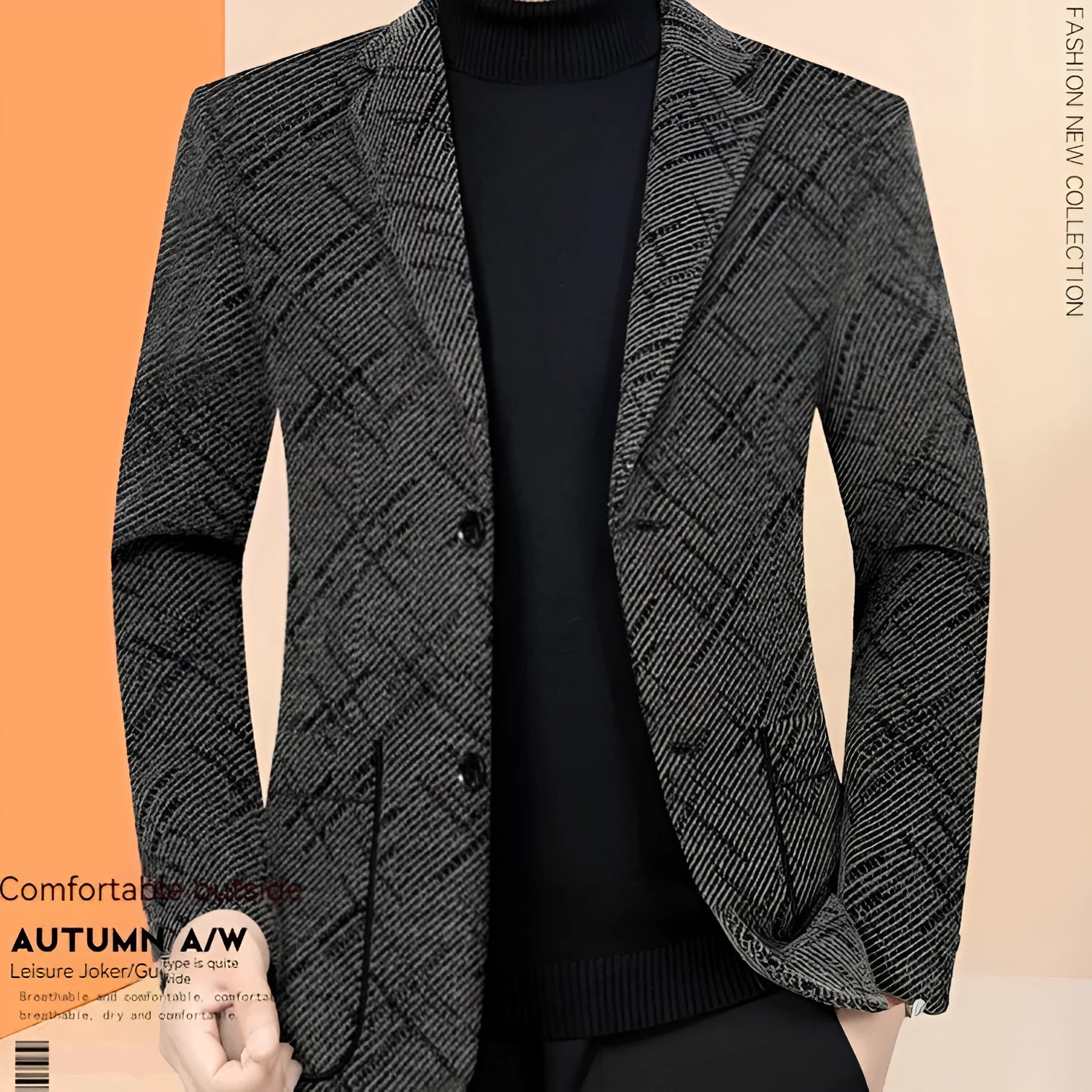 Men's slim-fit business casual coat in brown with stick pocket and long sleeves, polyester lining