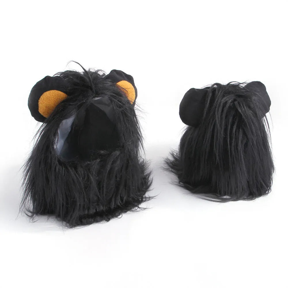 Cat wearing lion headgear wig hat costume in black colour