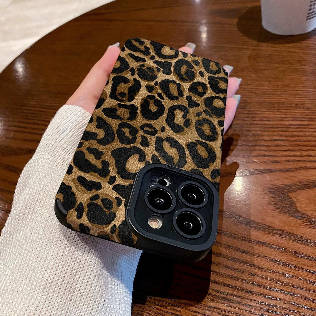Gold leopard print all-inclusive imitation leather phone case for iPhone on a white background