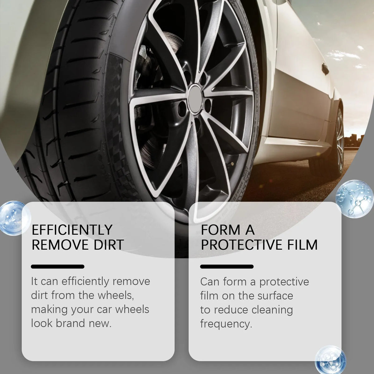 Car tyre cleaner spray bottle with 120ml capacity, designed for decontamination and cleaning.