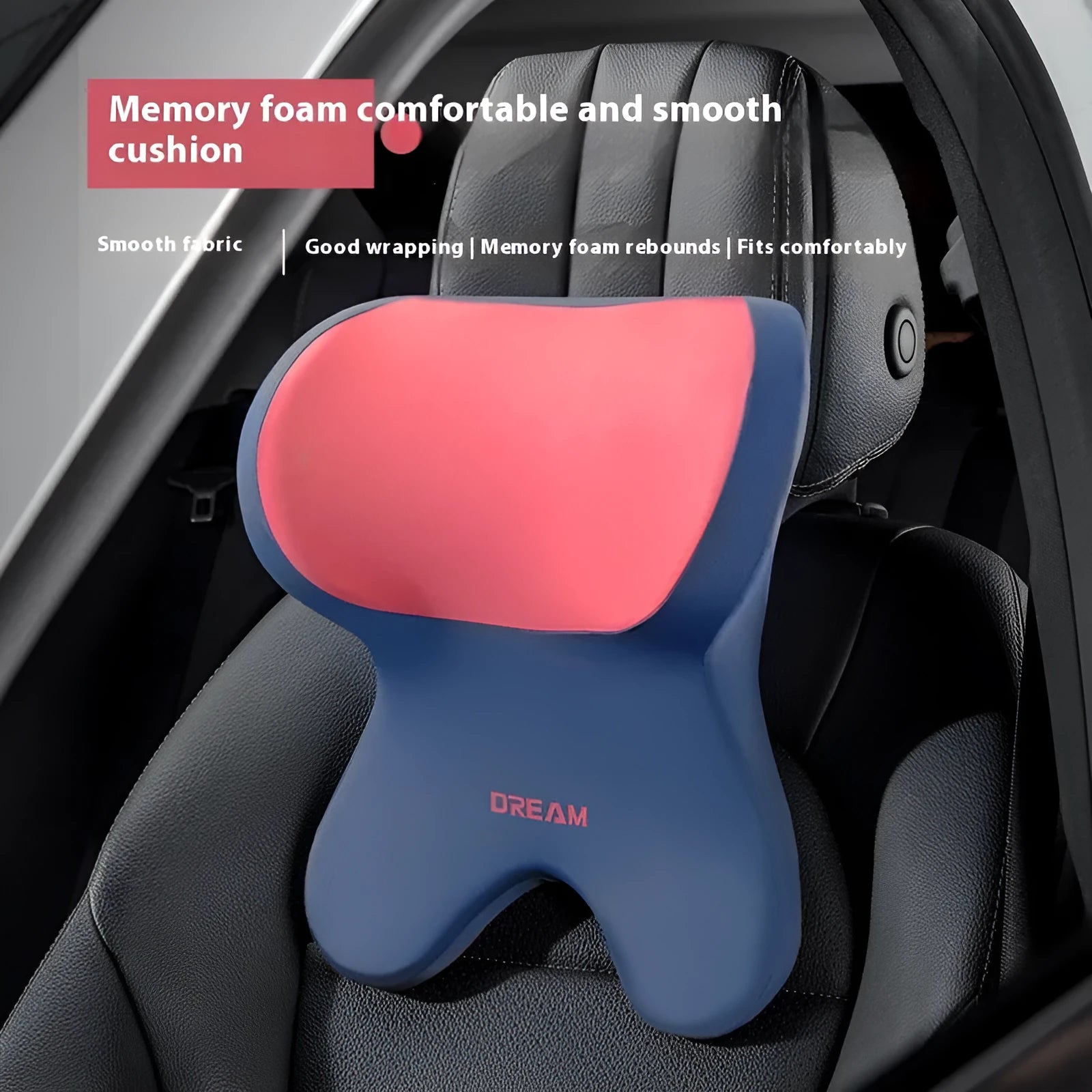 Memory foam car headrest and lumbar support set in grey on a car seat