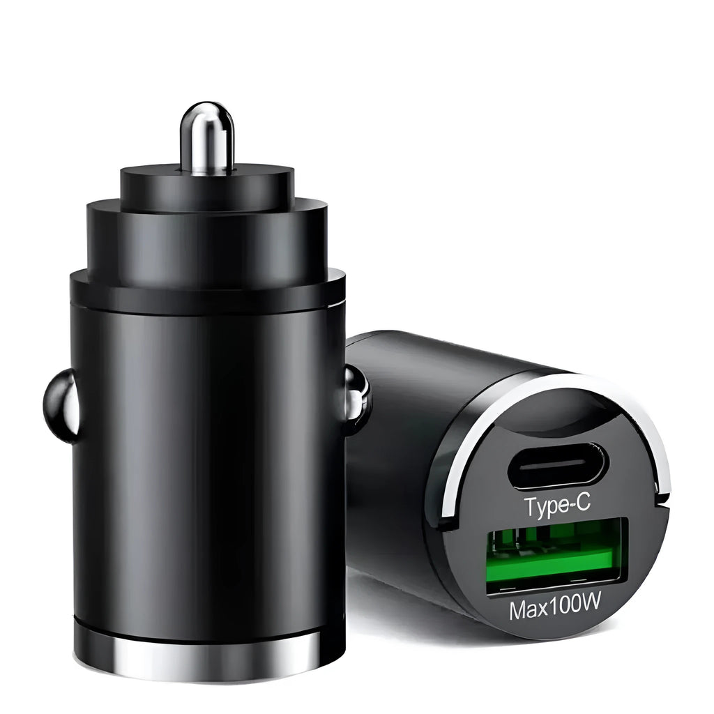 Black metal car charger with invisible pull-tab design for 100W USB fast charging