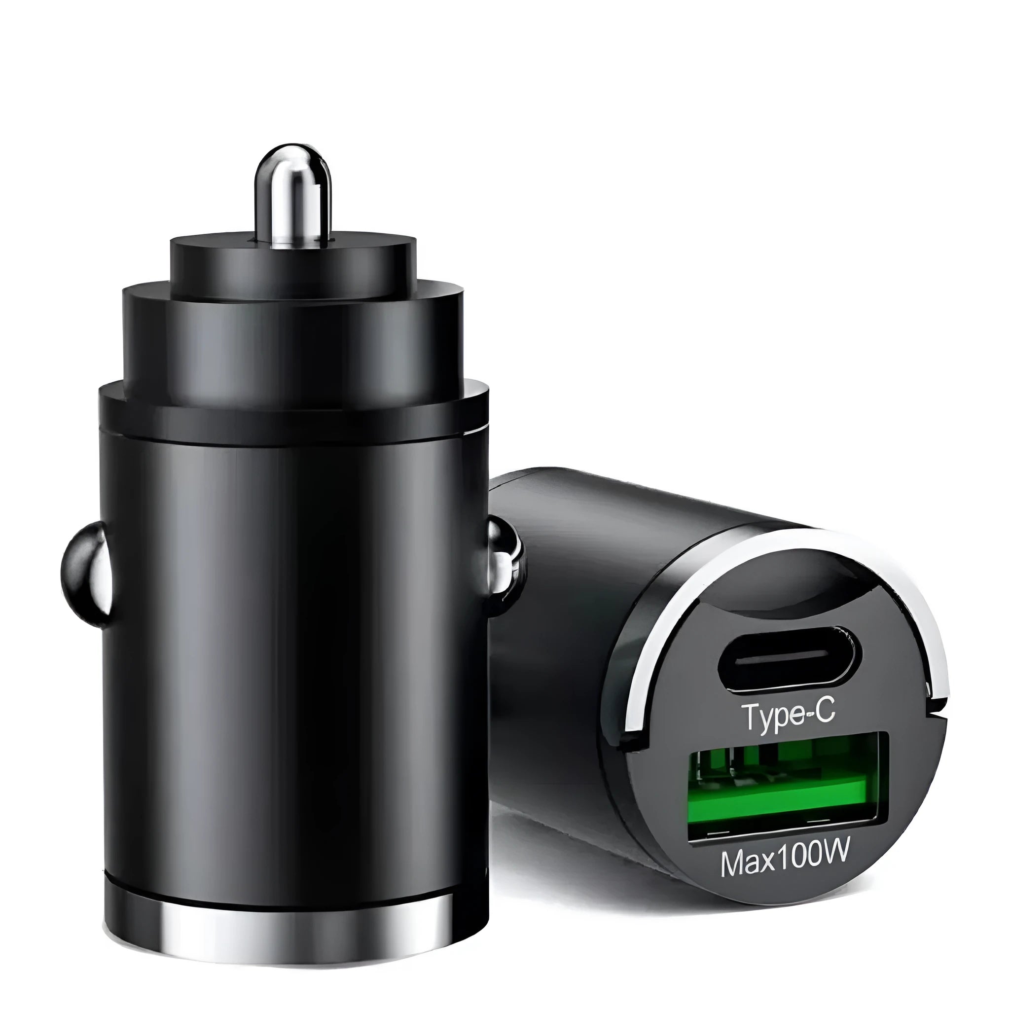 Black metal car charger with invisible pull-tab design for 100W USB fast charging
