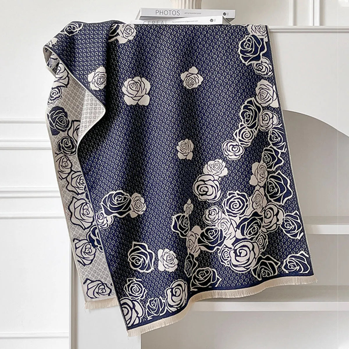 Cashmere-like winter scarf 185x65cm in grey black blue khaki colours with tassel detailing