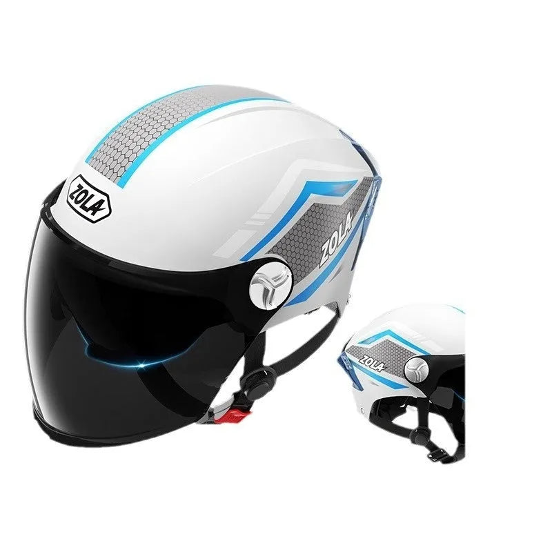 Children's universal motorcycle half helmet with a double mirror visor and ABS shell in various colour options.