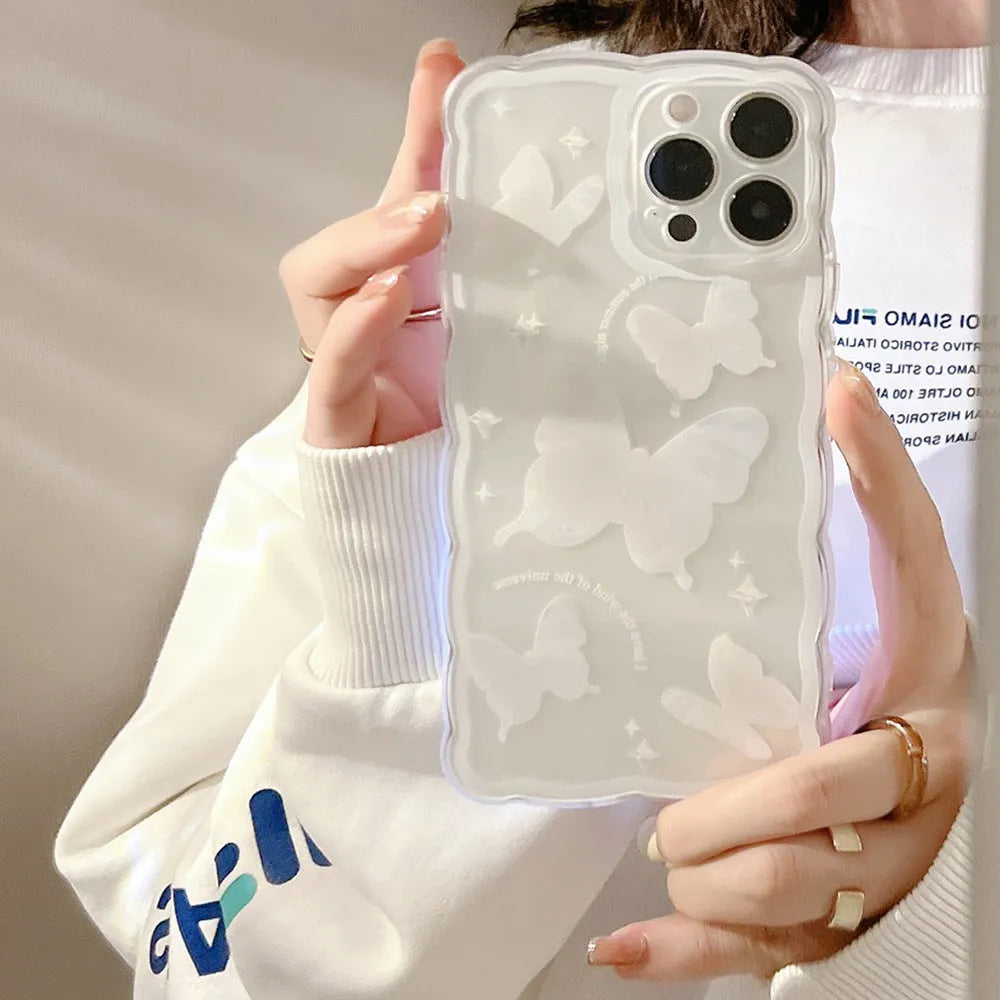 Simple butterfly transparent TPU phone case for iPhone 12-15, white crystal butterfly design