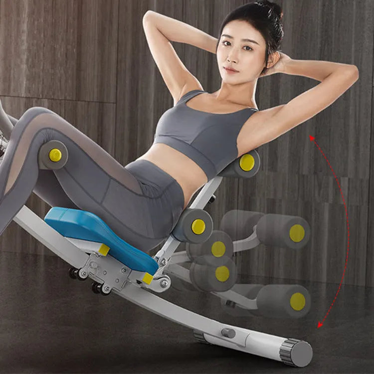Abdominal exercise machine with metal frame, black ribbon drawstring, dimensions 113x30x70cm