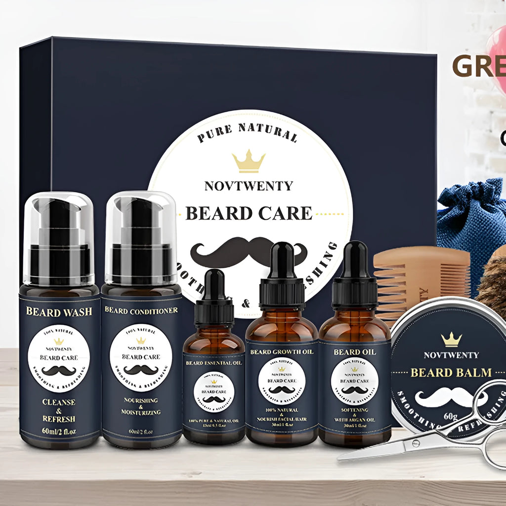 Beard grooming kit with peach wood tools, scissors, comb, brush, and balsam in a set.