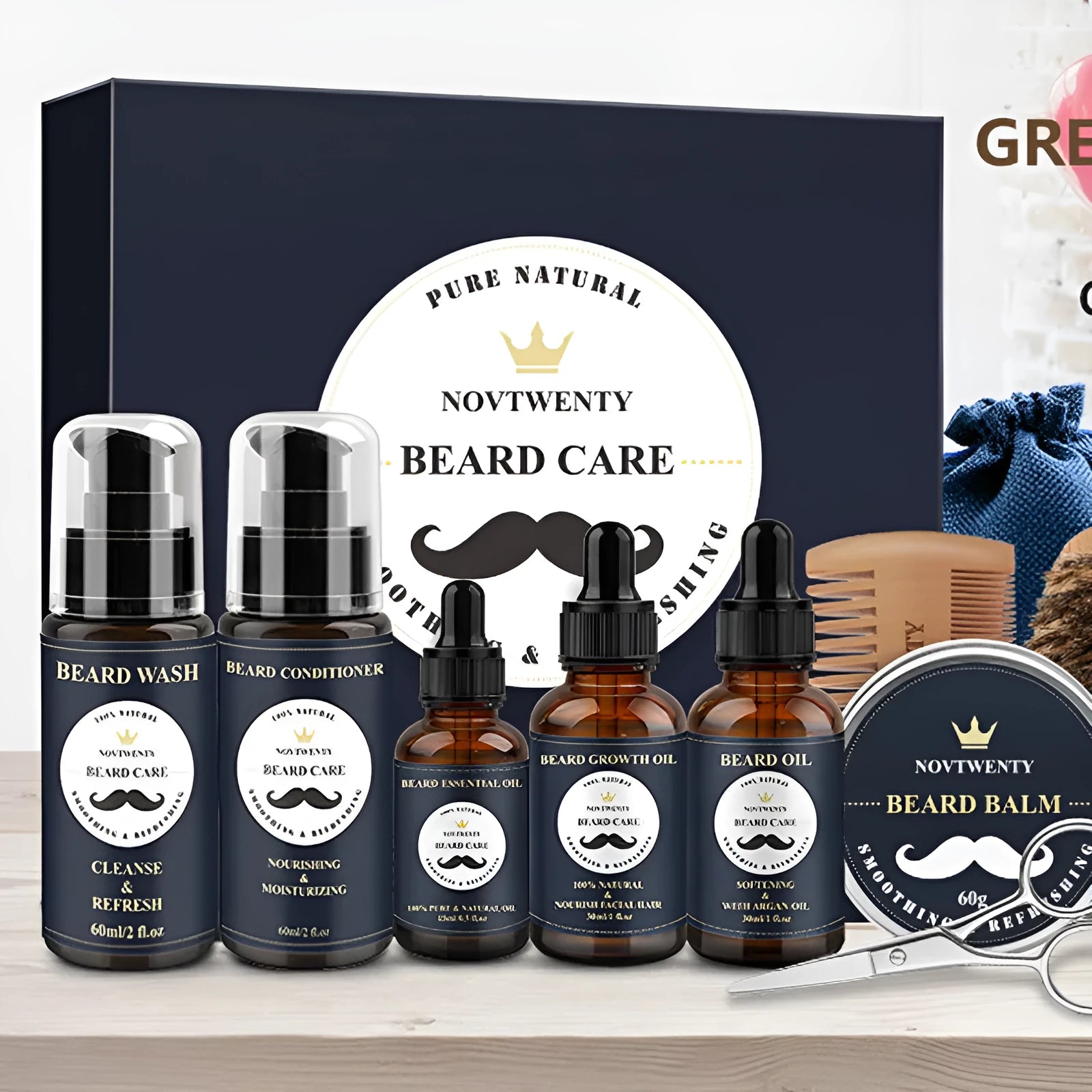 Beard grooming kit with peach wood tools, scissors, comb, brush, and balsam in a set.