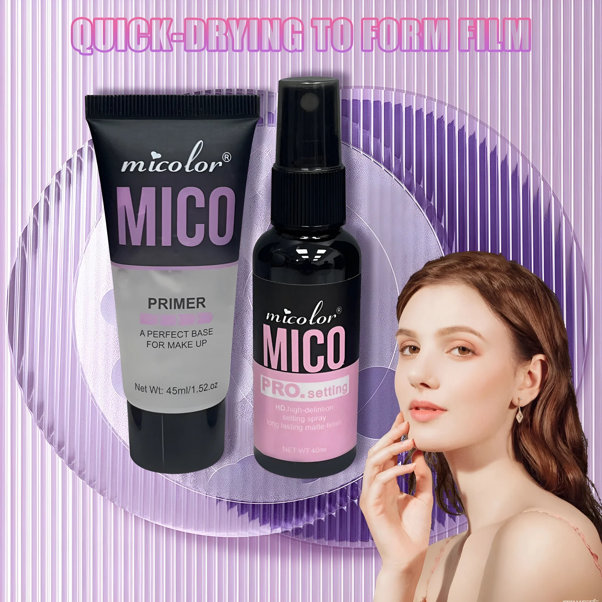 Two-in-one makeup primer and setting spray set with 45ml and 40ml bottles in monochrome packaging