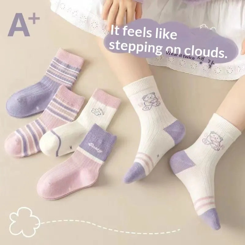 Pack of five children's cotton mid-calf socks with lace detail in Baby Bear, Rainbow Pony, and Leopard Bear colourways