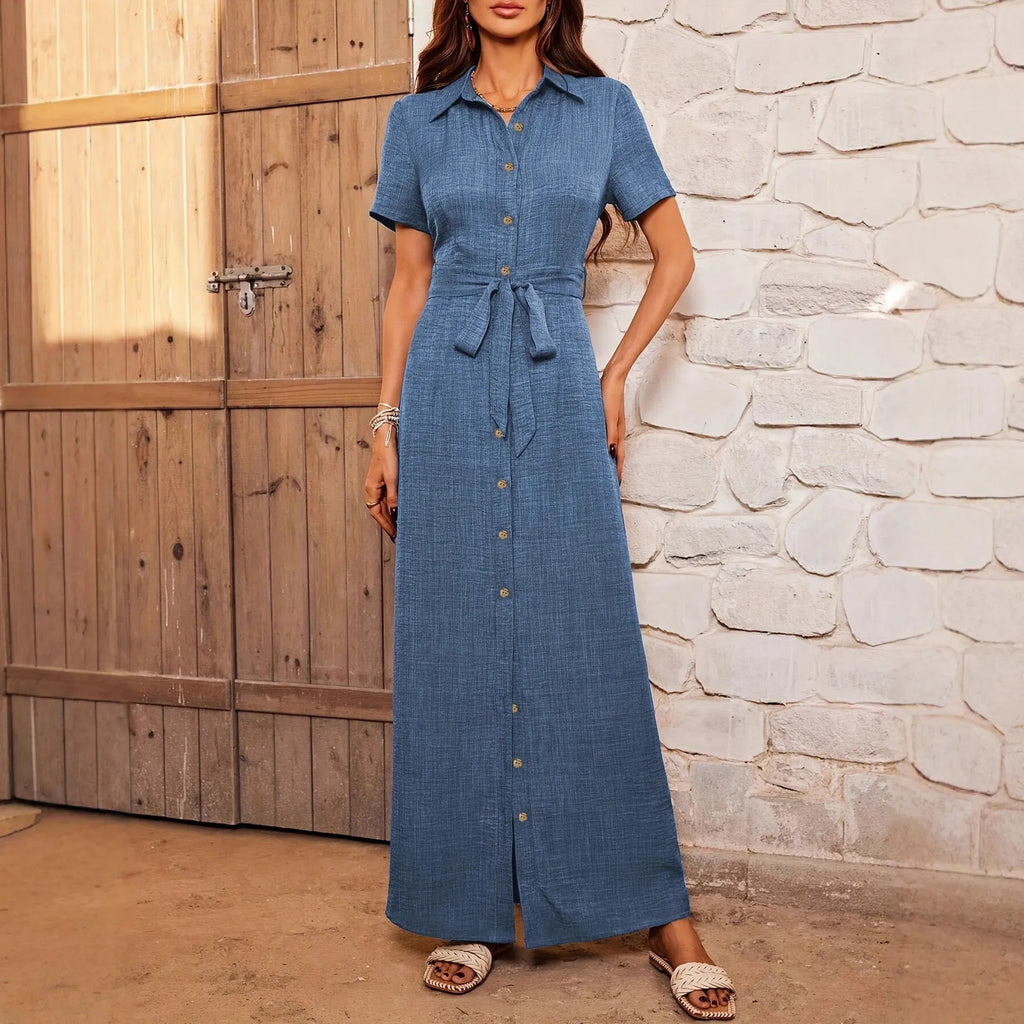 Women's lapel dress cardigan with button belt, high waist, long skirt, short sleeves, blue and apricot, S-XXL
