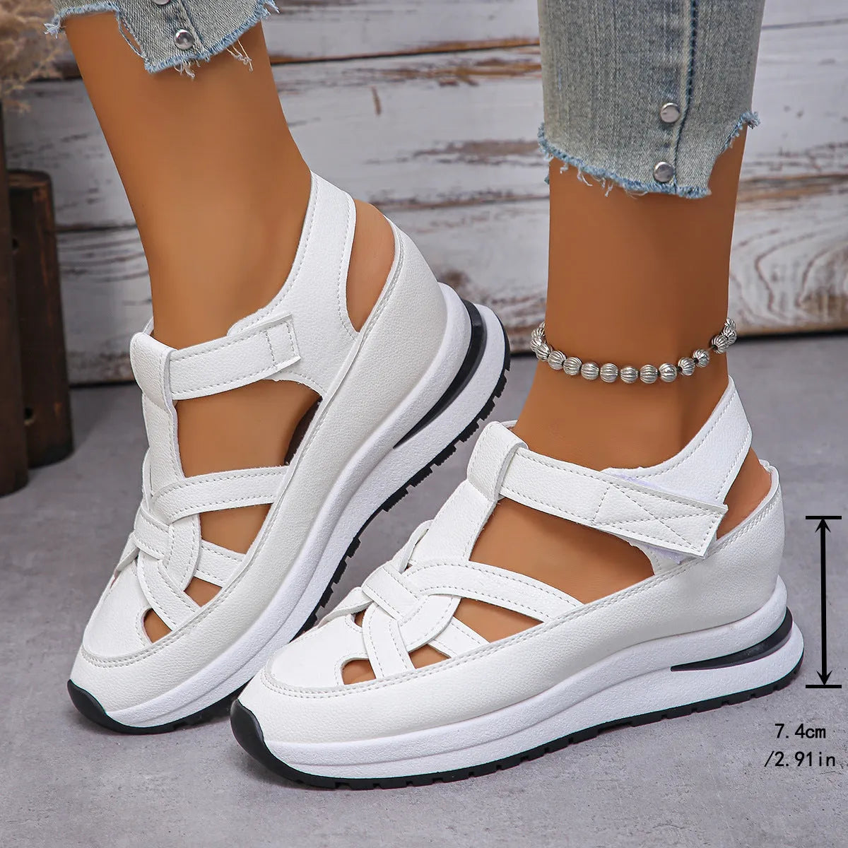 Wedge Roman women's platform casual shoes in black with Velcro fastening and round toe