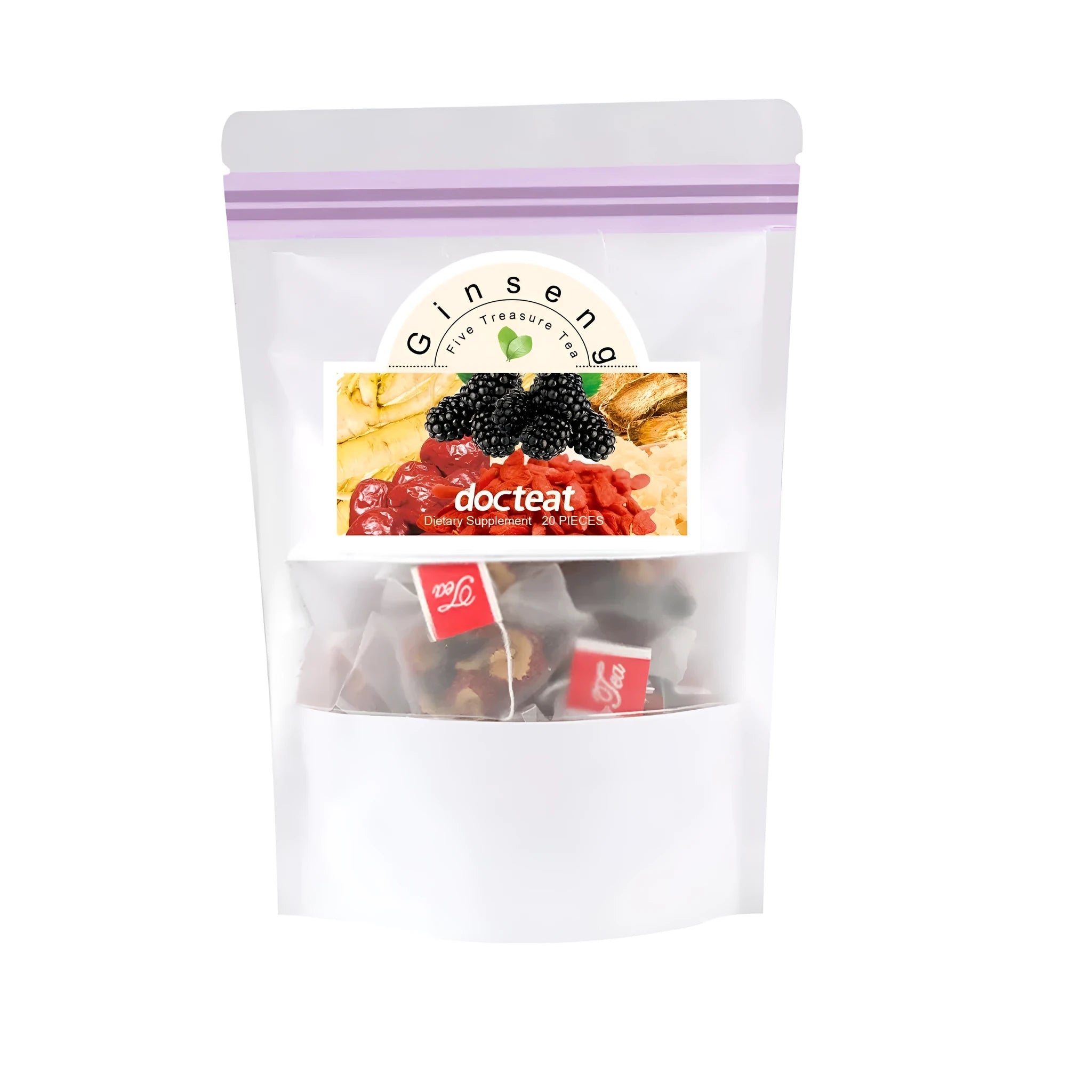 Pack of Ginseng Five Treasure Herbal Tea showing 20 tea bags with ginseng, goji berry and hawthorn.