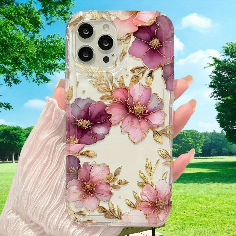 Purple flowers phone case with air spring shockproof TPU cover, transparent frosted finish, fits iPhone 12 Pro Max.