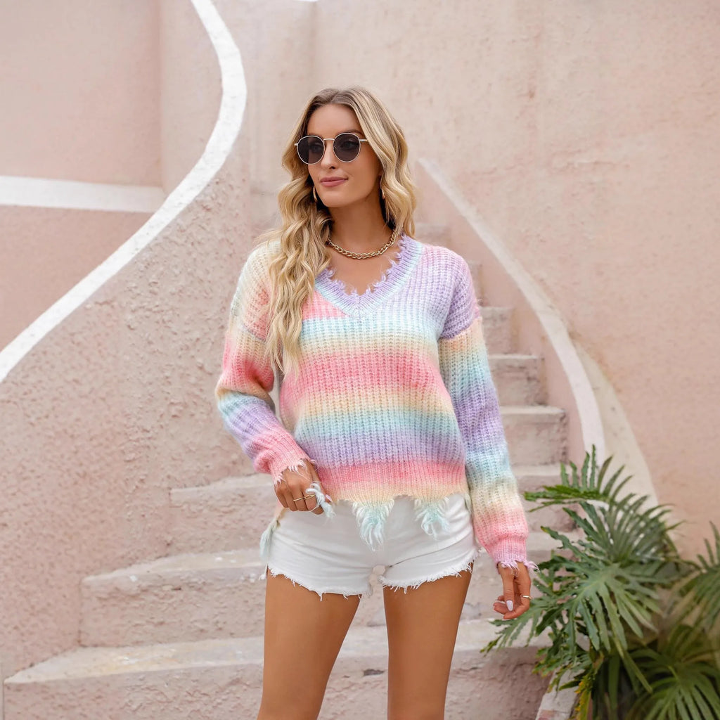 Pink rainbow gradient loose cut knitted sweater with street fashion styling