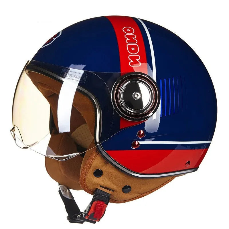 Retro battery car half helmet in ABS plastic showing colour options including bright blue red and matte black orange