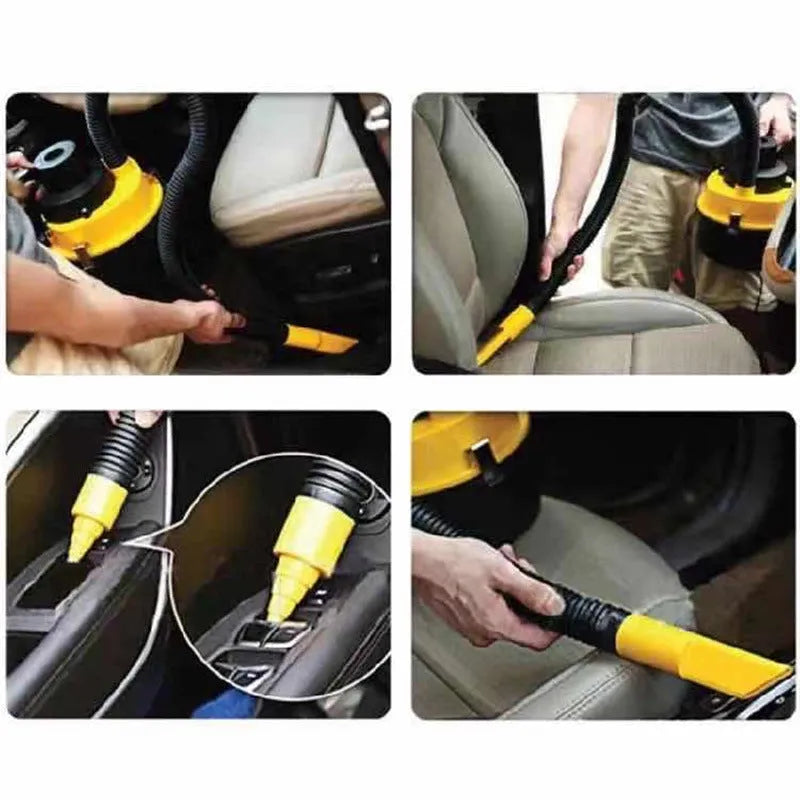Car portable vacuum cleaner with high power 90W, red, with attachments including brush and hose on a car seat