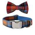 Blue velvet plaid pattern dog collar with alloy metal buckle on cotton material