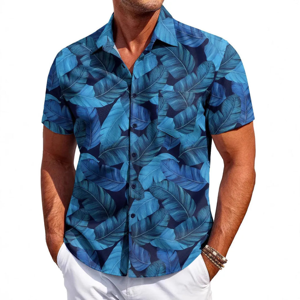 Man wearing a slim fit Hawaiian print short sleeve shirt in four-sided elastic polyester.