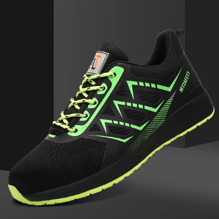 Black ultra-light labour protection shoes with steel toe caps and front lace-up design