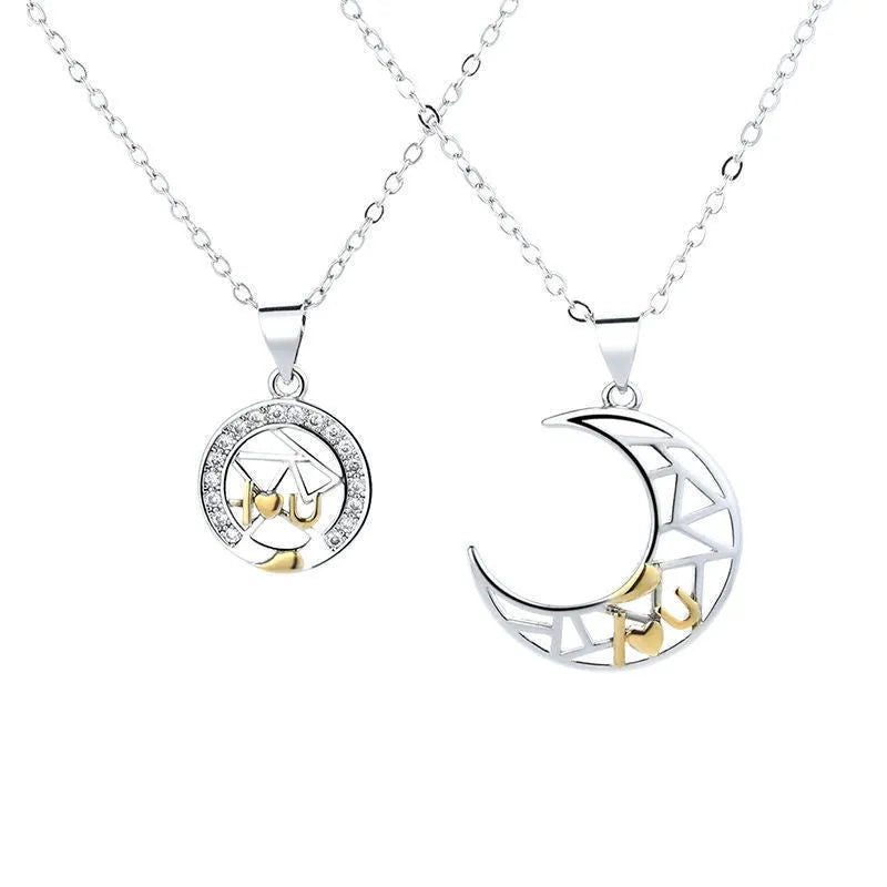 Sun moon couple necklace set with electroplated copper pendants on cross chains