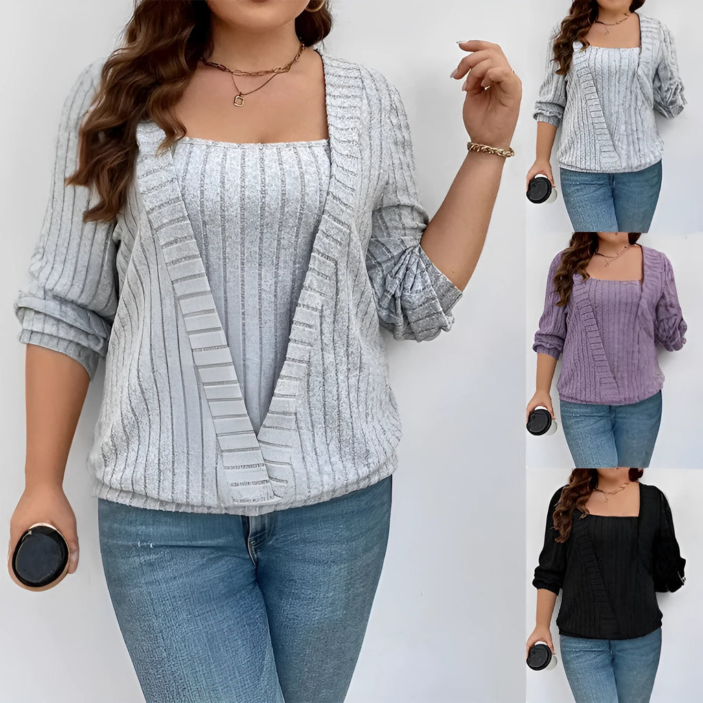 Solid colour rib knit V-neck long sleeve top, part of a false two-piece suit, shown in a loose fit.
