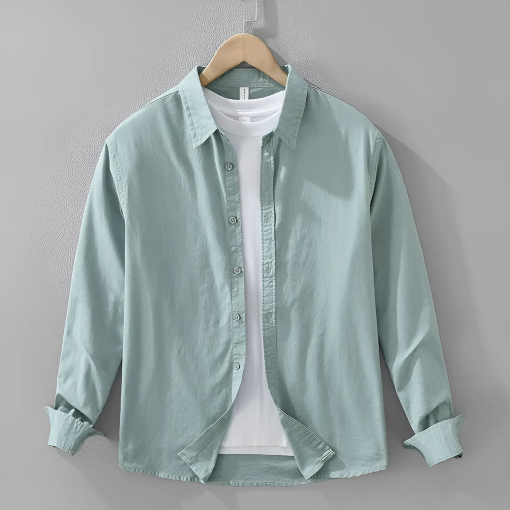 Men's Japanese cotton linen long sleeve loose cardigan blouse in light green