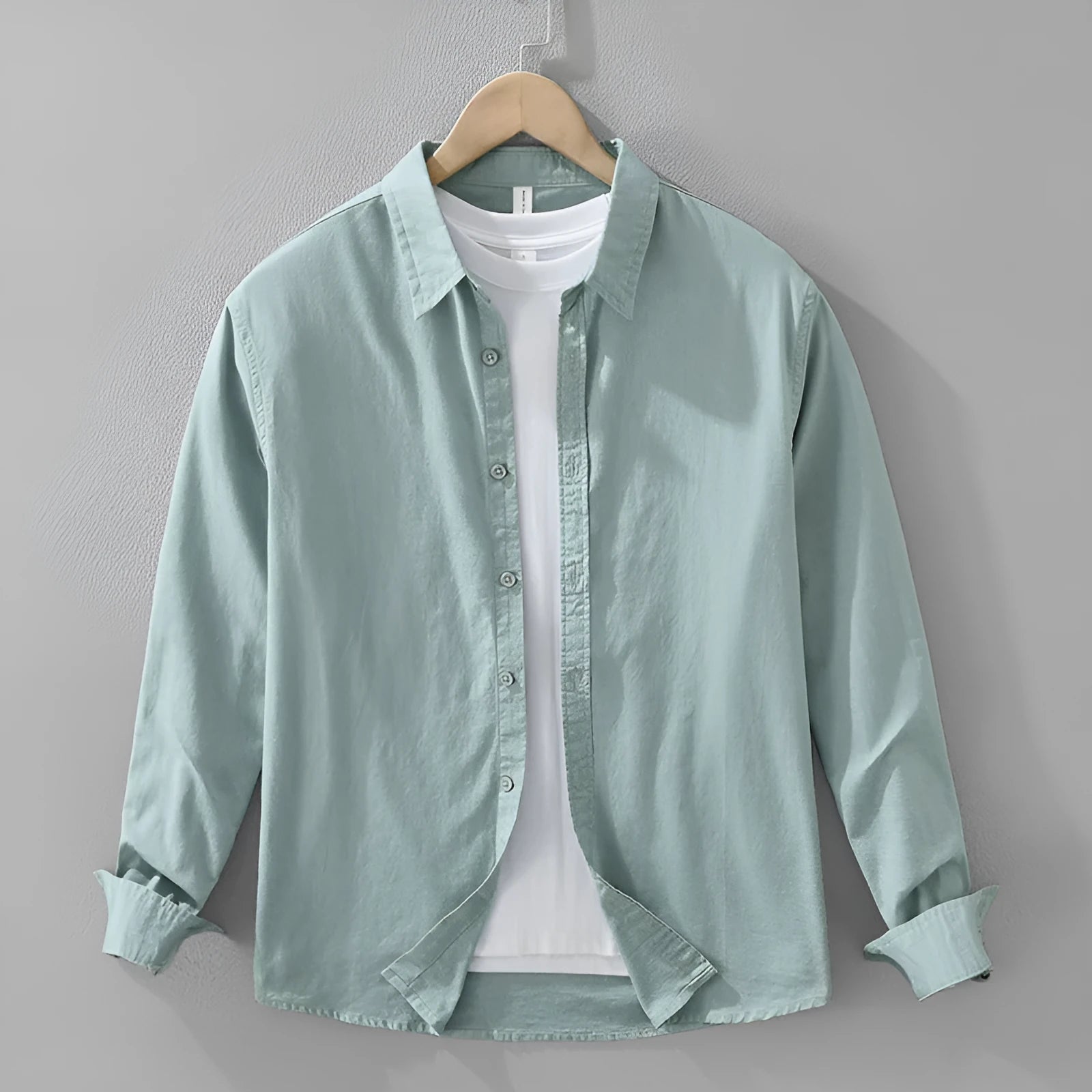 Men's Japanese cotton linen long sleeve loose cardigan blouse in light green