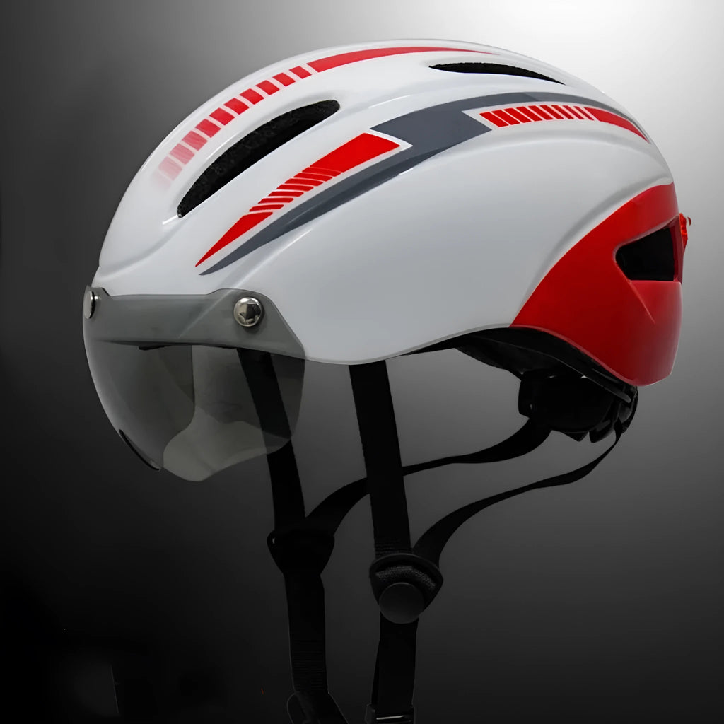 Adult bicycle helmet with integrated taillight and goggle restraint in multiple colour options