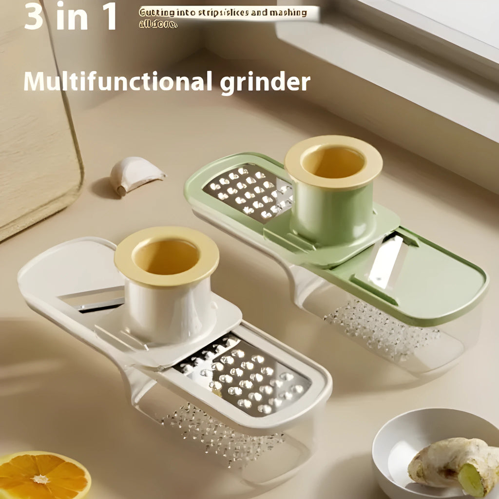 Three-in-one stainless steel ginger and garlic grinder with potato slicer, beige or green handle