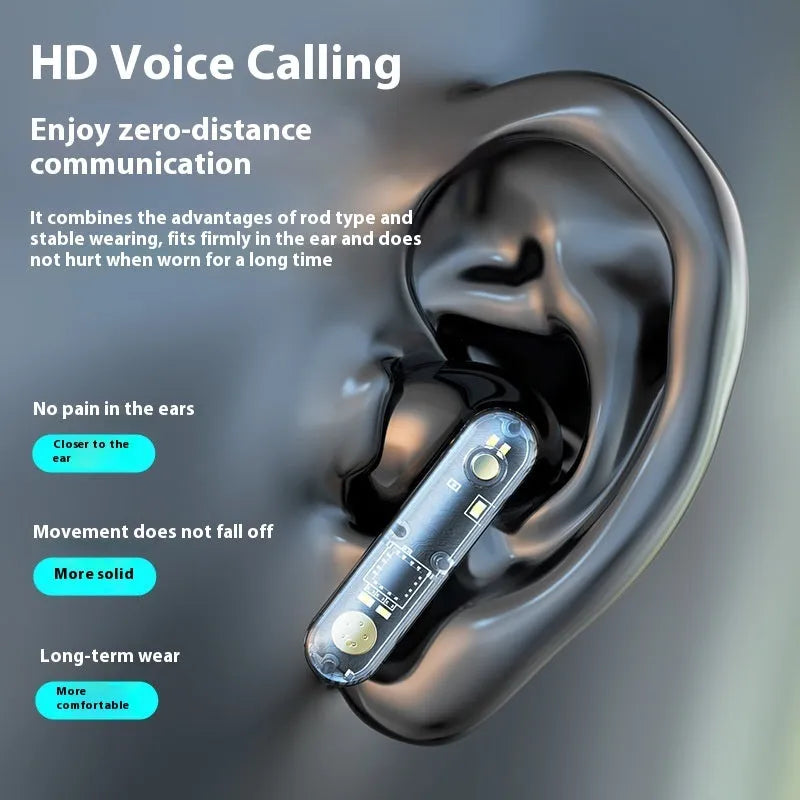Translucent in-ear Bluetooth headset in clear, transparent black or transparent red, ABS body, V5.3, 300mAh battery.